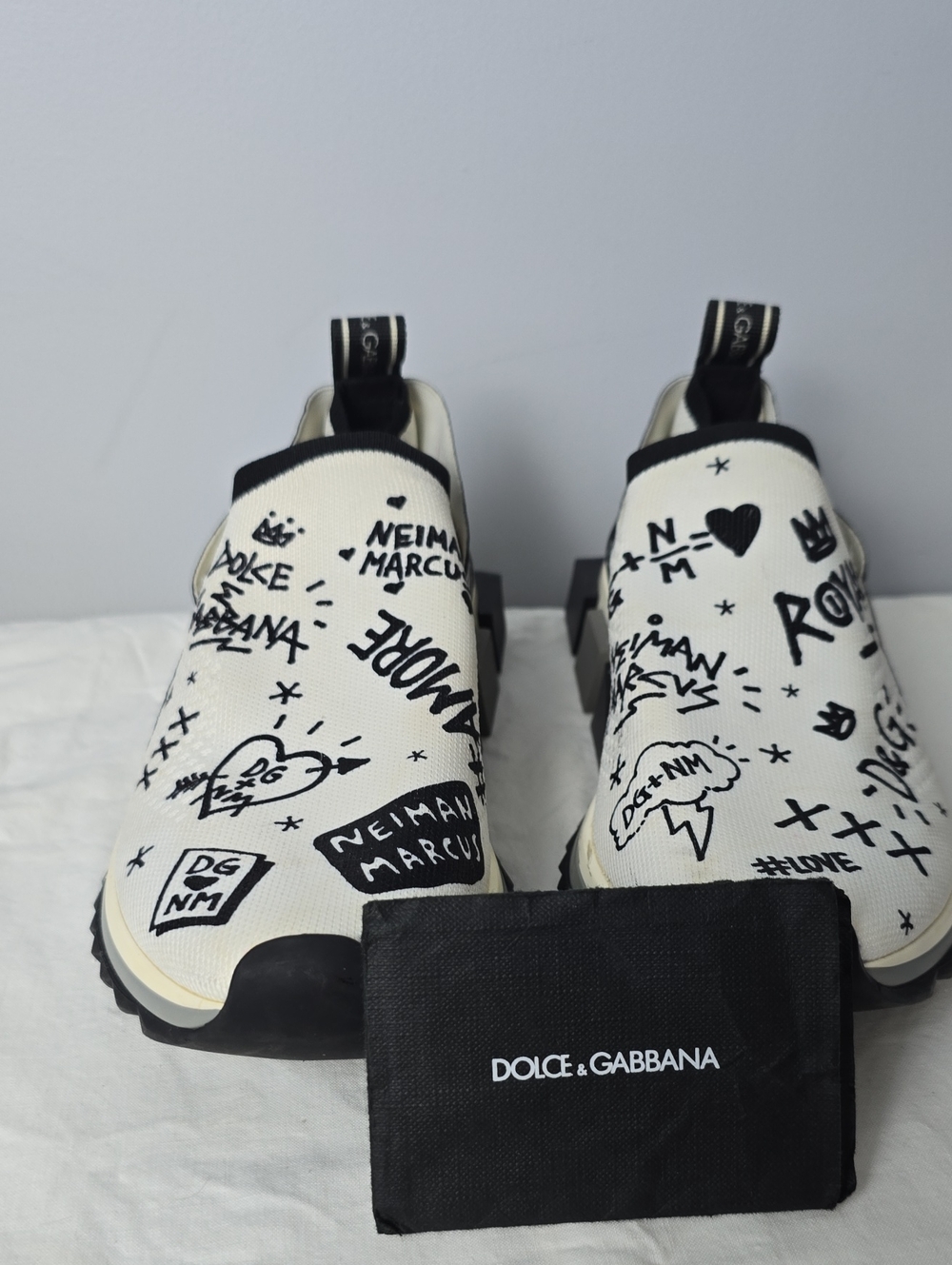 Dolce & Gabbana White & Black Graffiti Slip-On Sneakers
